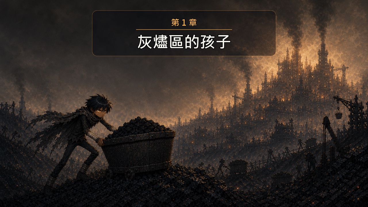 首支 2.5D 動畫影片縮圖：第 1 章〈灰燼區的孩子〉，小燼推著煤車走在灰燼區的礦道上